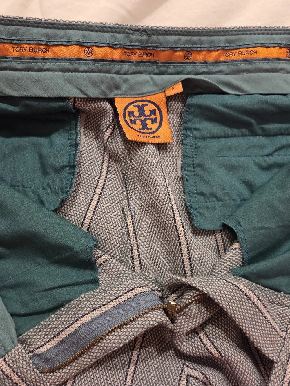 Tory Burch Green And Cream Cropped Ankle Trouser Sz 8 Woven Luxury Designer